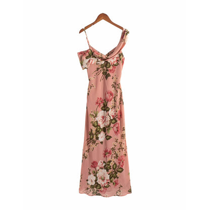 Printed mid-length V-neck halter dress