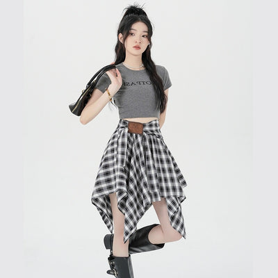 Asymmetrical Plaid A-Line Skirt with Tie Straps by Glamytek