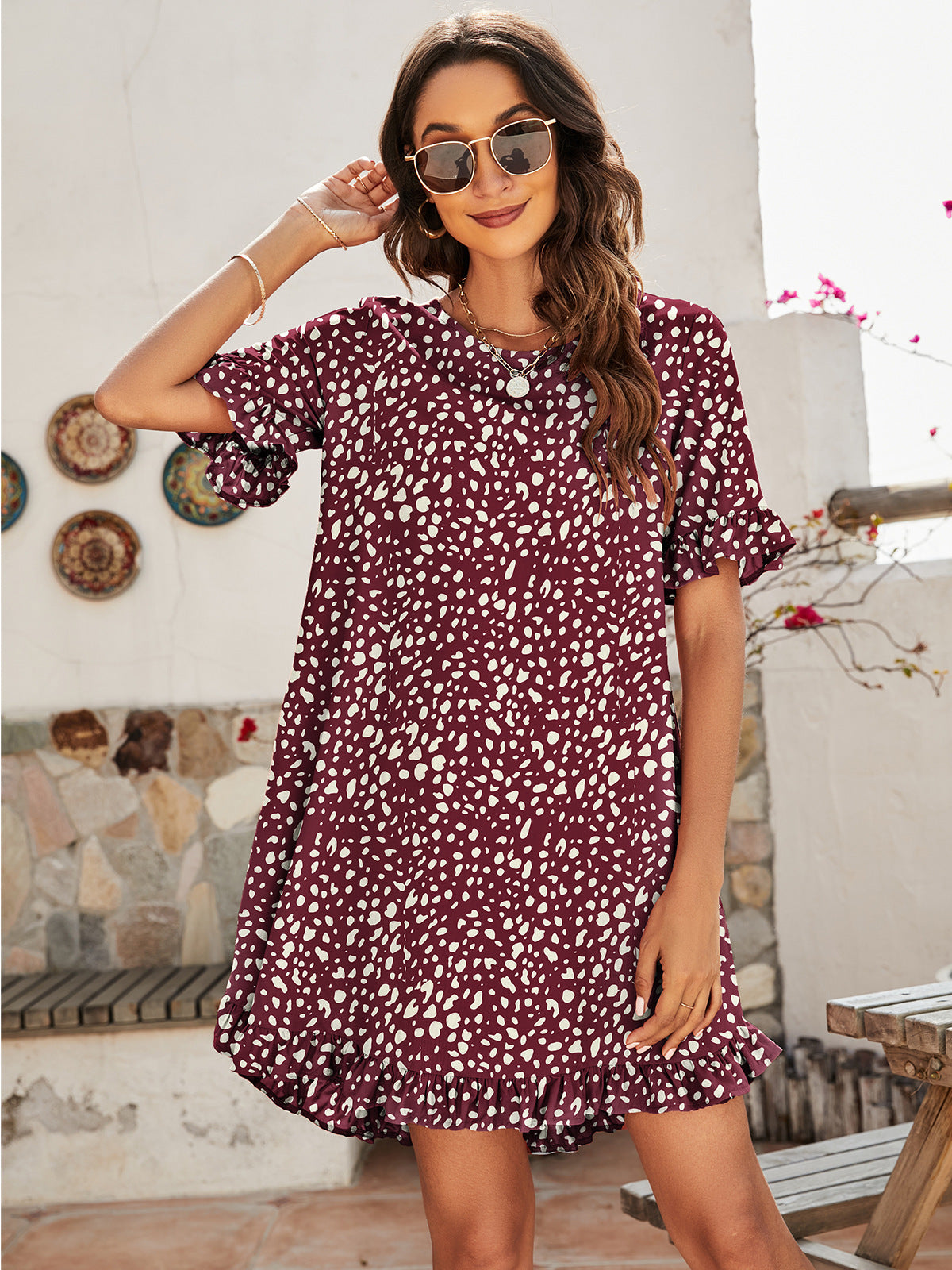 Leopard Print Round Neck Short Front And Back Long Ruffle Dress Women by Glamytek