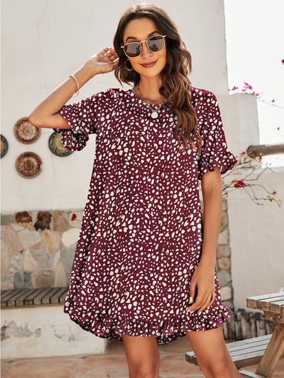 Leopard Print Round Neck Short Front And Back Long Ruffle Dress Women by Glamytek
