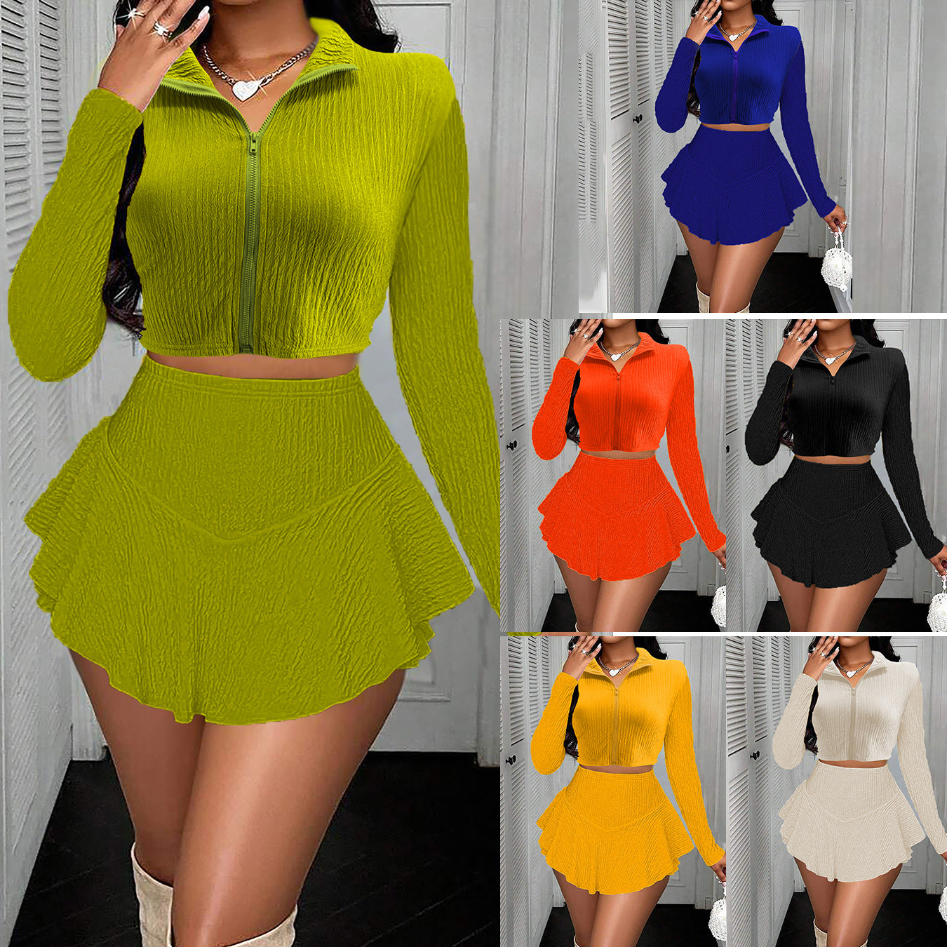Solid Color Zipper Top and Ruffled Skirt Suit by Glamytek