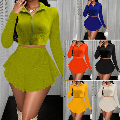 Solid Color Zipper Top and Ruffled Skirt Suit by Glamytek