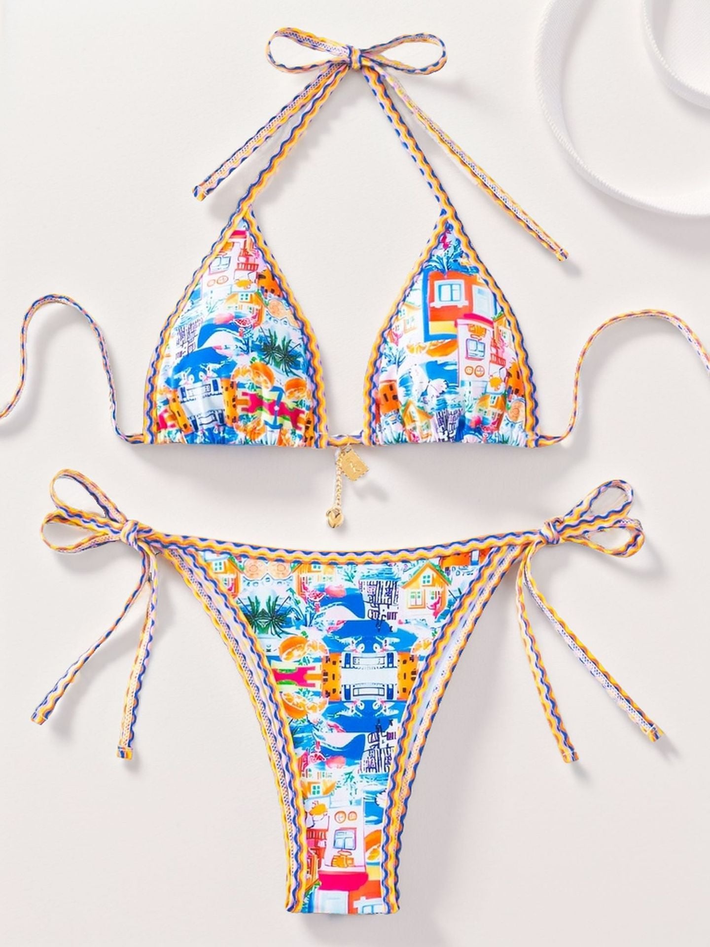 Contrasting-color printed lace-up sexy two-piece swimsuit