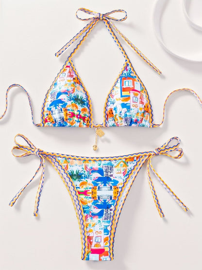 Contrasting-color printed lace-up sexy two-piece swimsuit