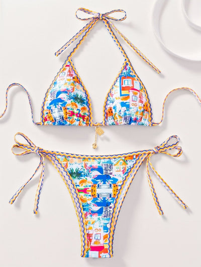 Contrasting-color printed lace-up sexy two-piece swimsuit by Glamytek