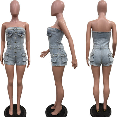 Elastic Denim Sleeveless Jumpsuit with Pockets