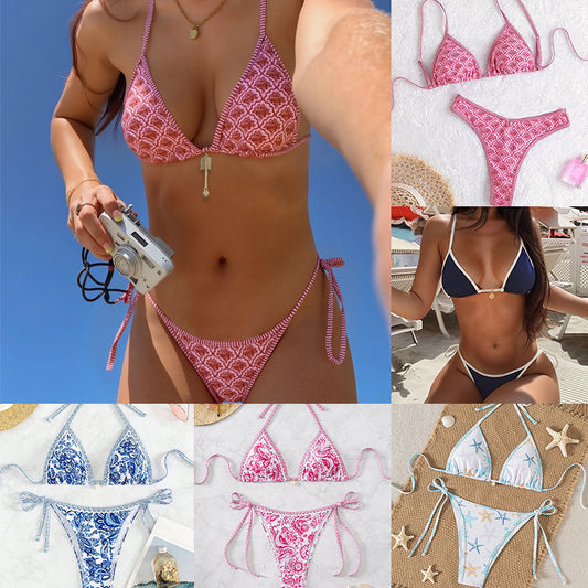Contrasting-color printed lace-up sexy two-piece swimsuit