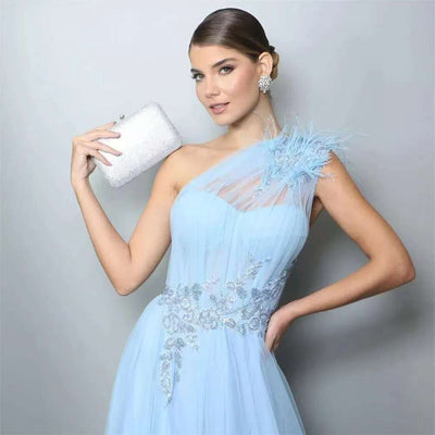 Blue One-shoulder Feather Wedding Dress by Glamytek