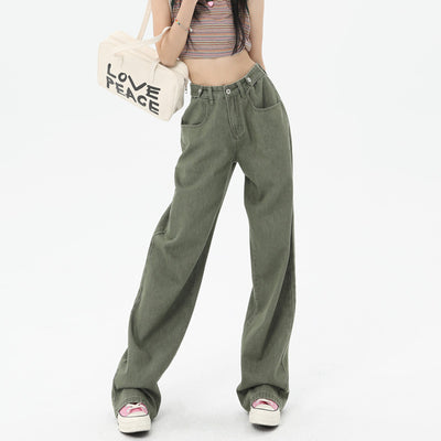 Green High Waist Wide Leg Jeans For Women Loose Drooping by Glamytek