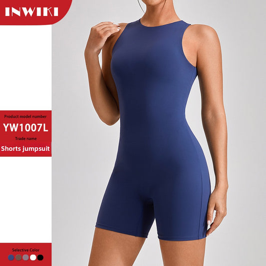 Short, sheer, form-fitting yoga one-piece suit