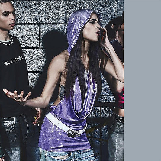 A retro backless purple faux leather hooded vest dress in a wasteland style