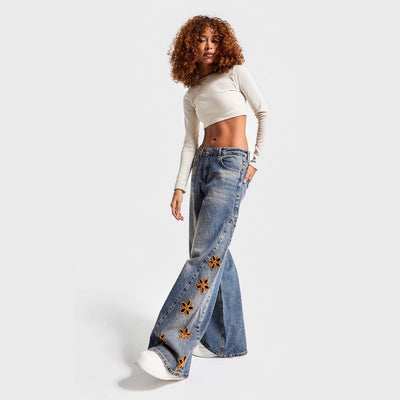 Women's Casual And Relaxed Embroidered High Waist Loose Jeans by Glamytek