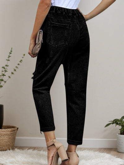 2025 New Women's Casual Set Wearing Distressed Stretch Jeans, Elastic Waisted Jeans, Denim Jogging Pants by Glamytek