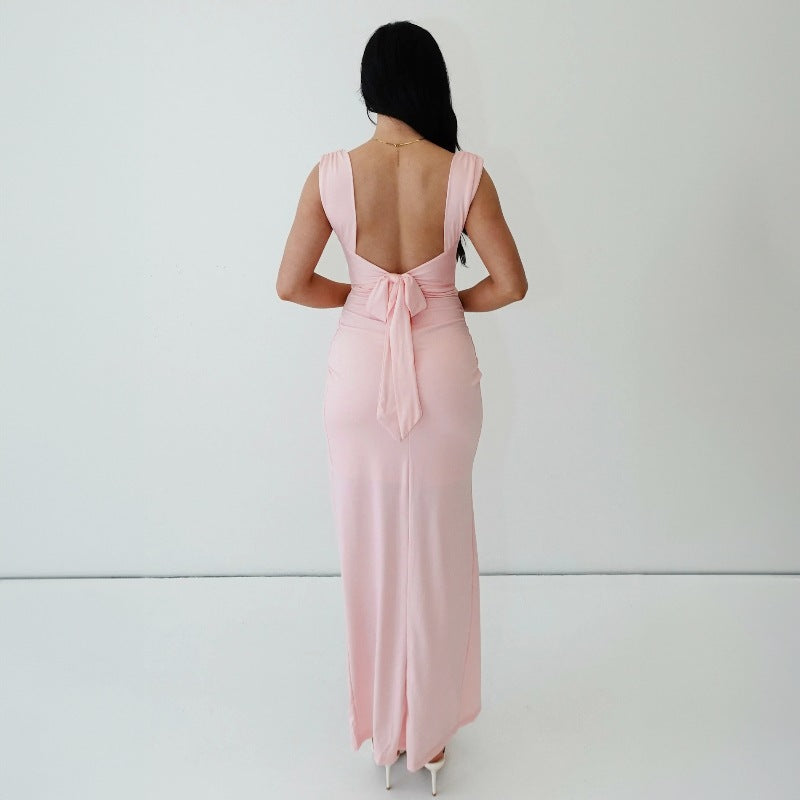 European and American women's spring and summer new fashion temperament solid color sleeveless backless back lace slim split dress wholesale by Glamytek