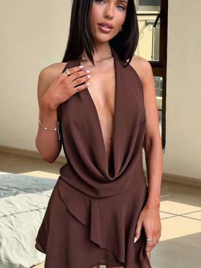 Pure desire hot girl chiffon neck deep V low collar dress autumn and winter new high sense solid color sleeveless skirt by Glamytek