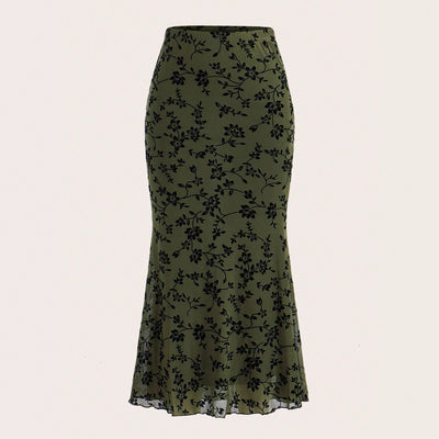 Dark Green Floral Half-length Fishtail Skirt For Women by Glamytek