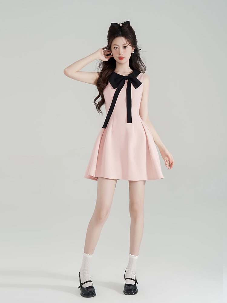 Tweed Style Pink Bows Halter Neck Dress