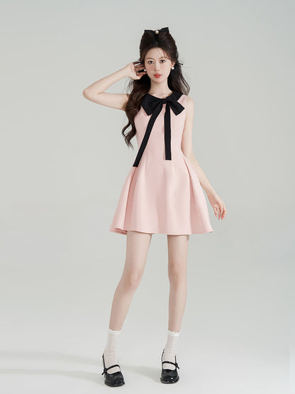Tweed Style Pink Bows Halter Neck Dress