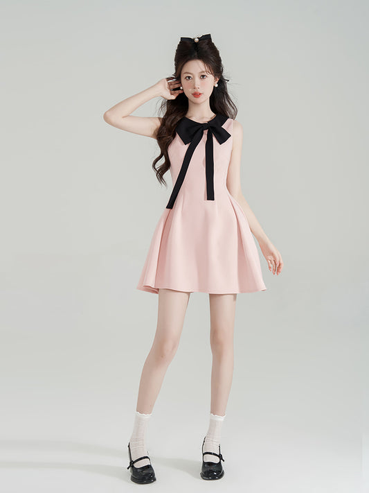 Tweed Style Pink Bows Halter Neck Dress