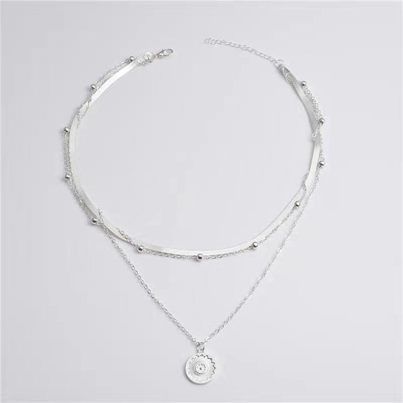 Layered Lotus Pendant Necklace with Geometric Blade Chain