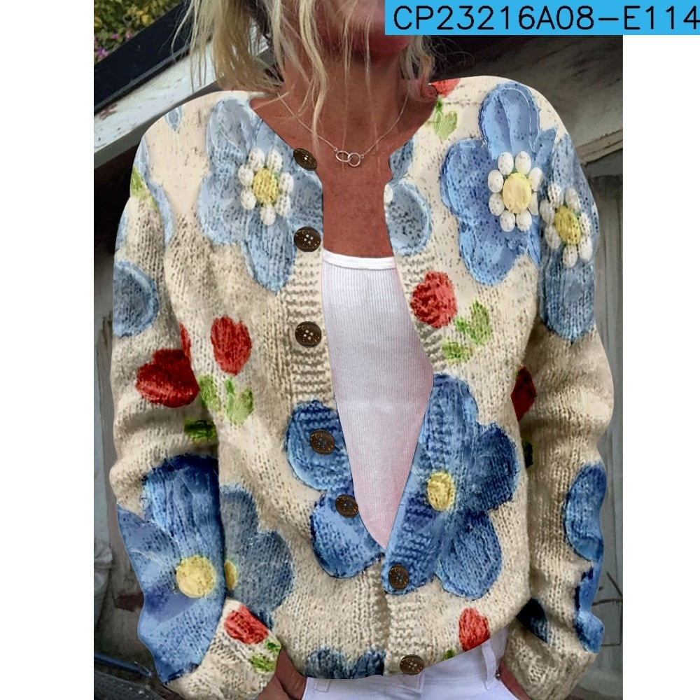 New Women's Autumn And Winter Style Loose 3D Printed Knitted Cardigan Sweater by Glamytek