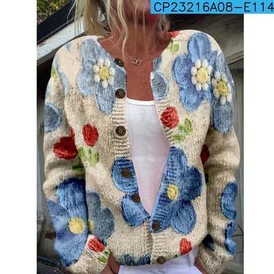 New Women's Autumn And Winter Style Loose 3D Printed Knitted Cardigan Sweater by Glamytek