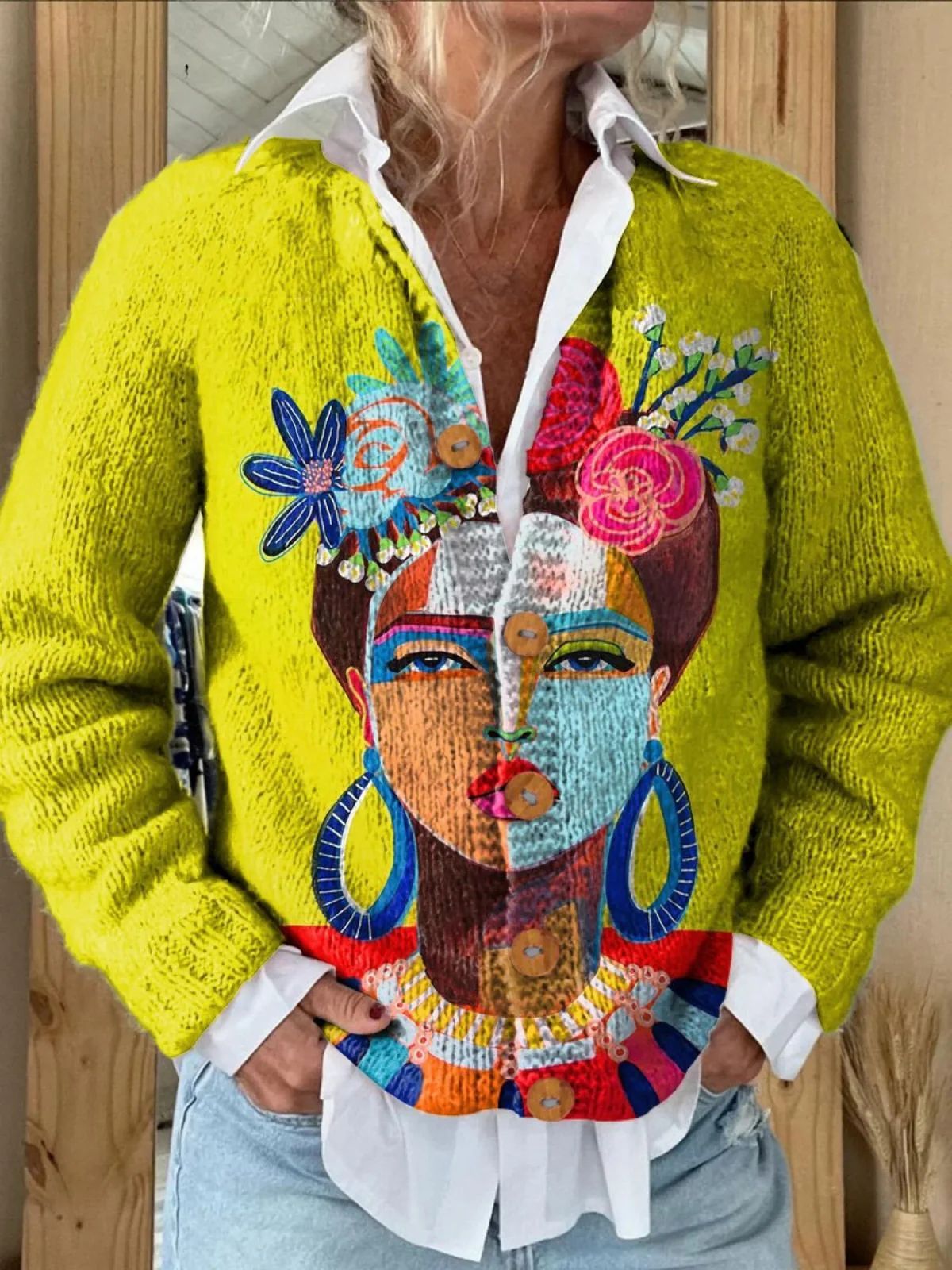 New Women's Autumn And Winter Style Loose 3D Printed Knitted Cardigan Sweater by Glamytek