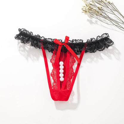 Sexy transparent lace low-rise pearl thong