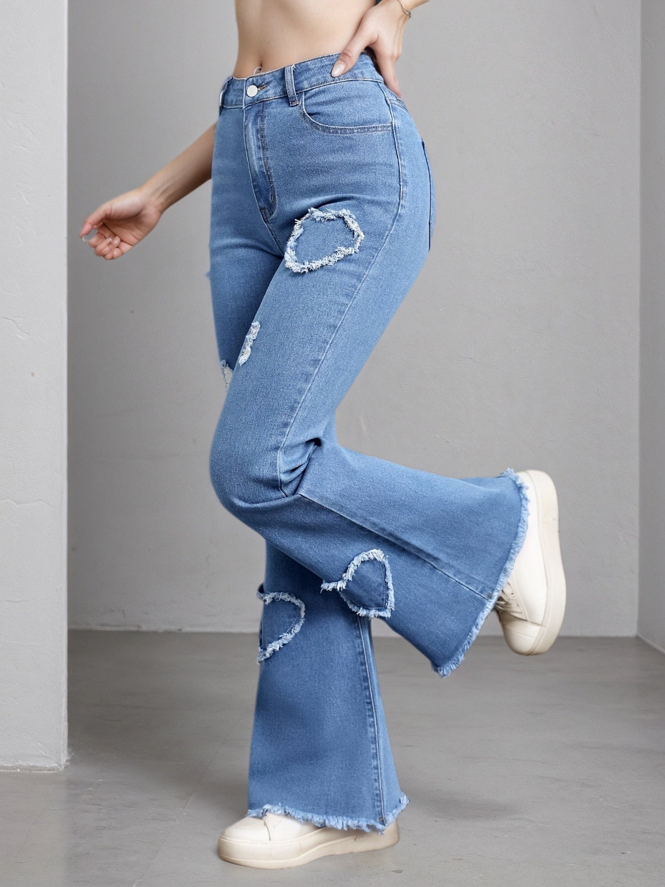 2025 New Women'S High-Stretch Flare Jeans With Heart Embroidery Patchwork - Trendy Distressed Denim Bell Bottoms, Comfortable & Versatile Light Blue Casual Pants,Fashion And Leisure by Glamytek