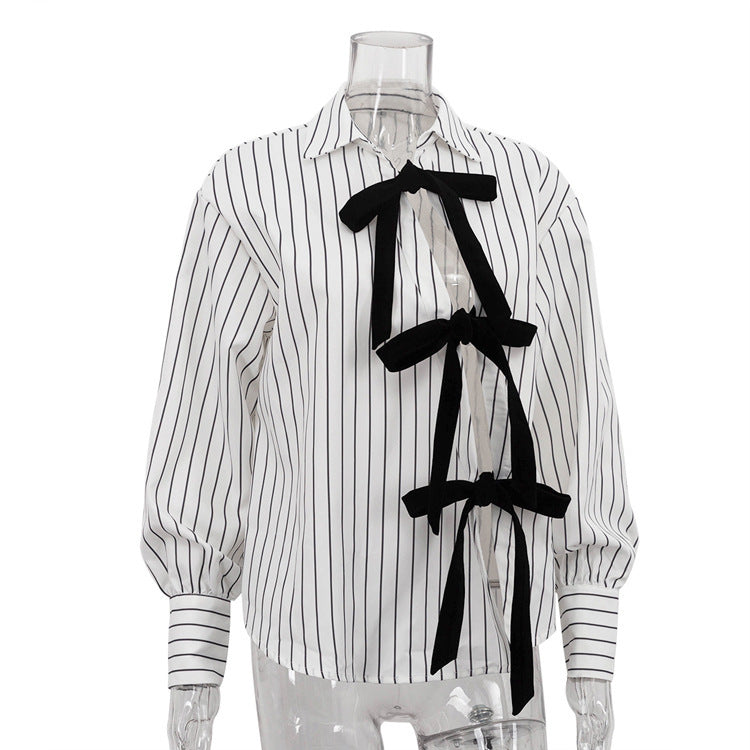 Lapel Long Sleeve Bowknot Lace Printing Striped Shirt by Glamytek