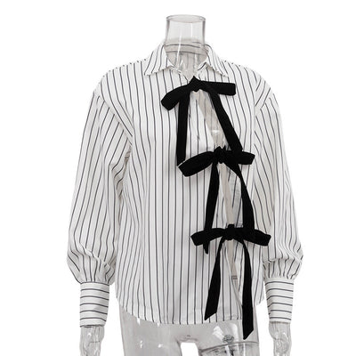 Lapel Long Sleeve Bowknot Lace Printing Striped Shirt by Glamytek
