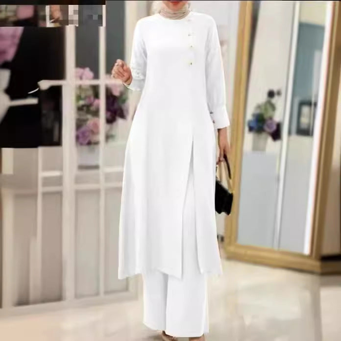 Women's Two-Piece Elegant Long Shirt Wide Leg Pants Set