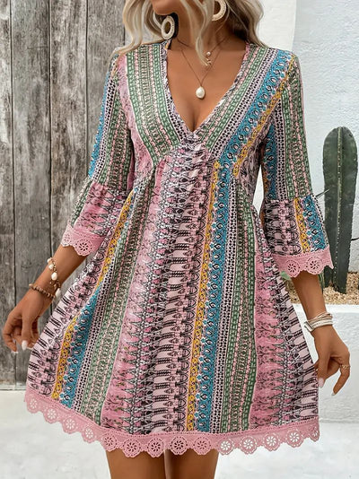 Bohemian Style V-neck Printed Dress Fashion Casual Loose Beach Dresses For Women by Glamytek