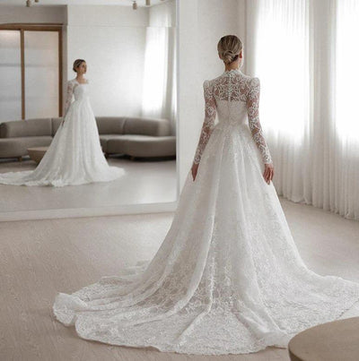 Embroidered Long Sleeve Trailing Wedding Dress by Glamytek