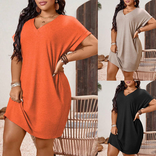 Slim V-Neck Pure Color Short-Sleeved Dress