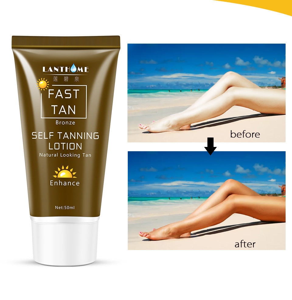Tanning Cream Body Lotion 50ml Self Tanner For Bronzing delivers a natural sun-kissed glow; before/after legs on beach.