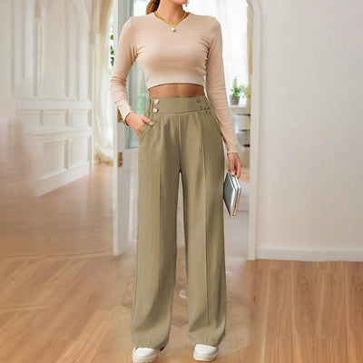 Women's Wide Leg Pants High Waist Business Casual Trousers Pant With Pockets by Glamytek