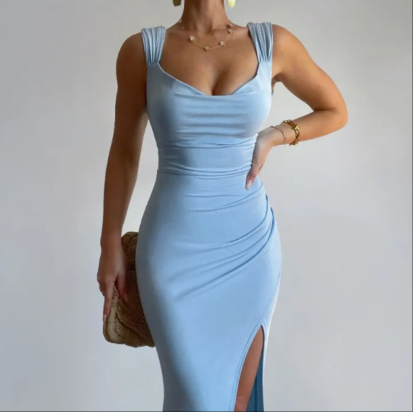 European and American women's spring and summer new fashion temperament solid color sleeveless backless back lace slim split dress wholesale by Glamytek