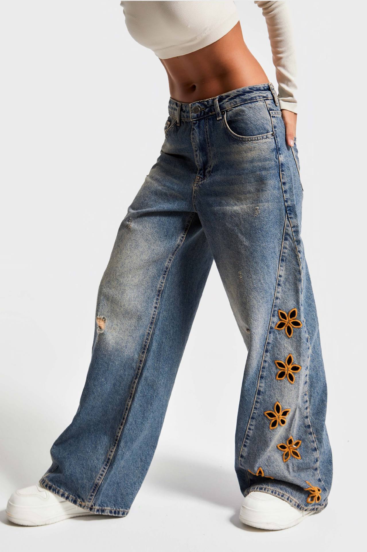 Women's Casual And Relaxed Embroidered High Waist Loose Jeans by Glamytek