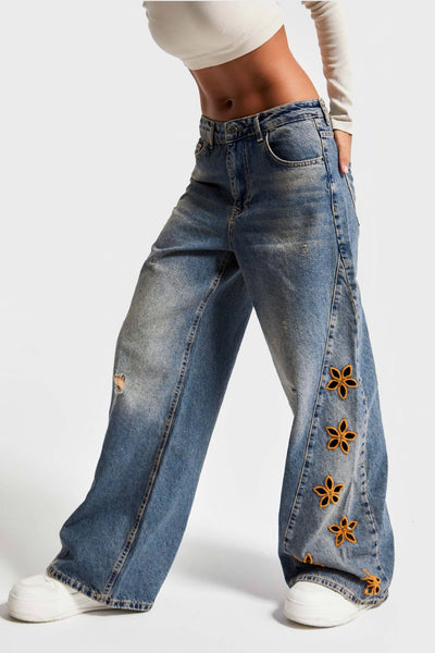Women's Casual And Relaxed Embroidered High Waist Loose Jeans by Glamytek