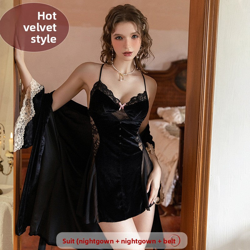 Women's Velvet Nightgown with Pads and Lace Trim