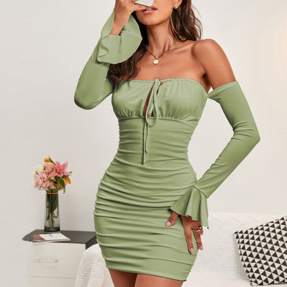 Lace-up Shoulder Long-sleeved Slim-fit Hip Sexy Dress