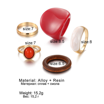 New Trendy Rings Set For Women Exaggerated Red Resin Enamel Wooden Geometric Finger Ring Punk Fashion Jewelry by Glamytek