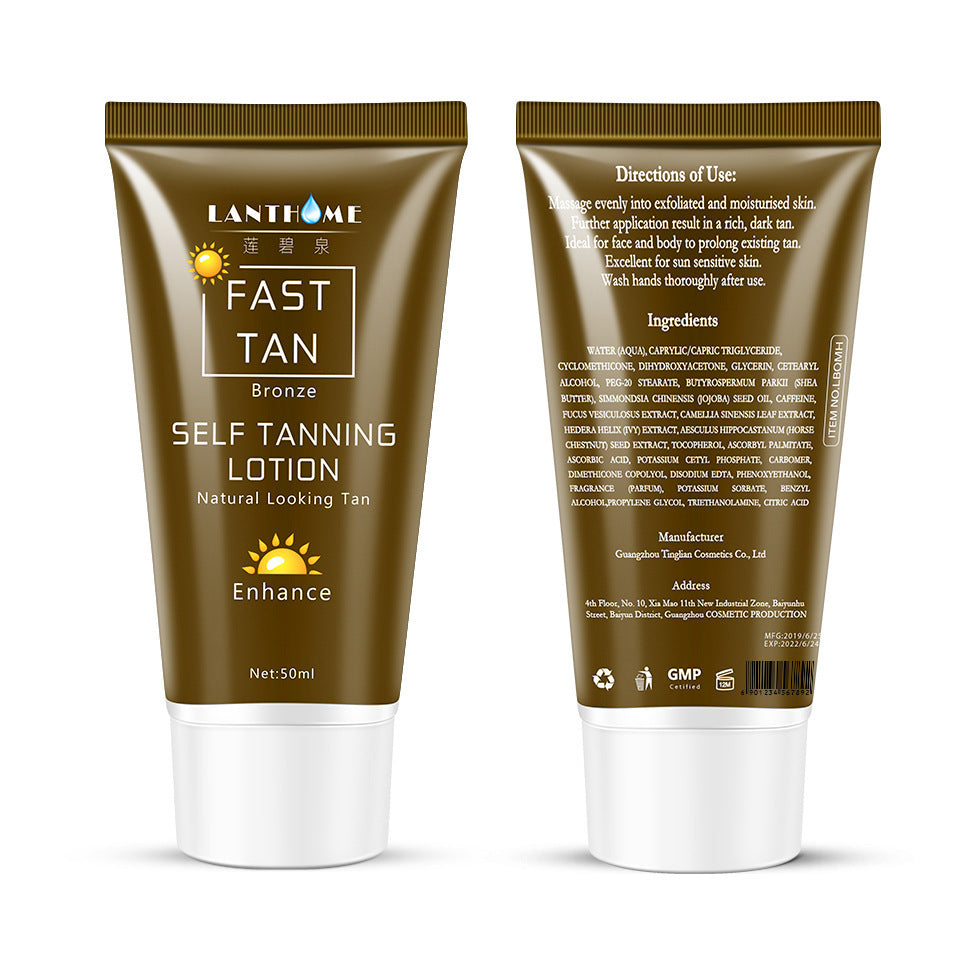 Bronze brown tube packaging for Tanning Cream Body Lotion 50ml Self Tanner For Bronzing, front and back labels.
