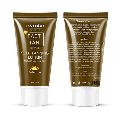 Bronze brown tube packaging for Tanning Cream Body Lotion 50ml Self Tanner For Bronzing, front and back labels.