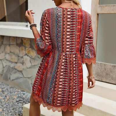Bohemian Style V-neck Printed Dress Fashion Casual Loose Beach Dresses For Women by Glamytek
