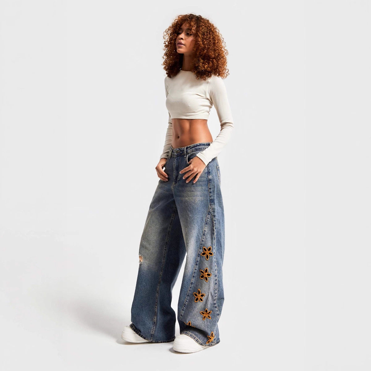Women's Casual And Relaxed Embroidered High Waist Loose Jeans by Glamytek