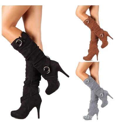High-heeled suede belt mid-calf boots