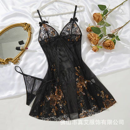 Sexy Deep V Backless Mesh Nightgown