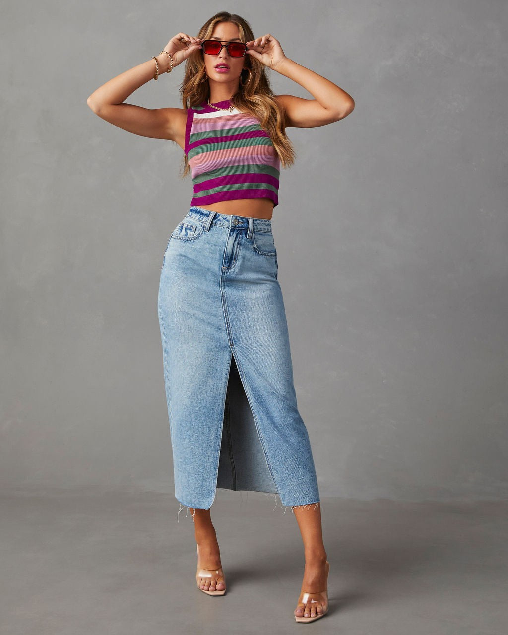 Stylish A-line Denim Skirt with Side Slit by Glamytek